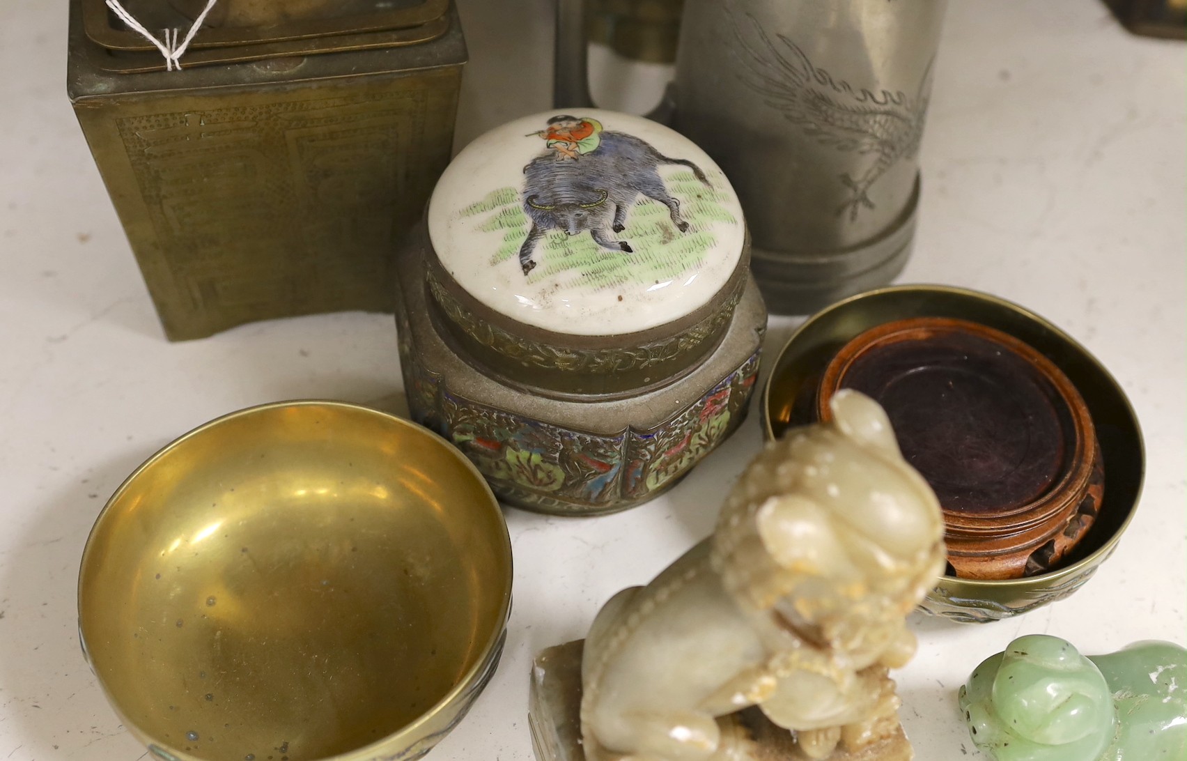 A selection of miscellaneous items, to include Chinese pewter and bronze vessels, two embroidered panels, a carving set, etc.